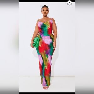 Printed Plisse cowl neck maxi dress